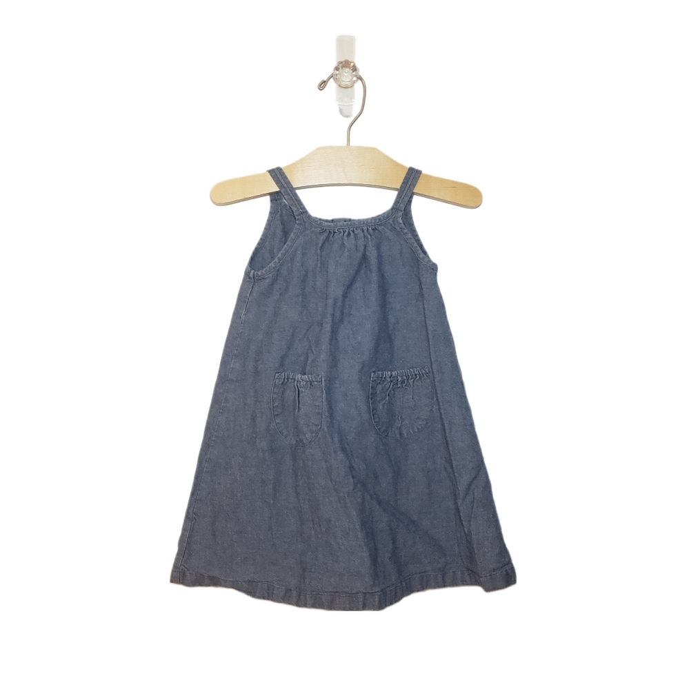 Petit Bateau 18m Baby Girl Denim Blue Spaghetti Strap Button Back Jean Dress